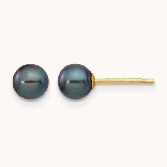 5- Black Round Freshwater Cultured Pearl Stud Post Earrings, 6mm, 14K
