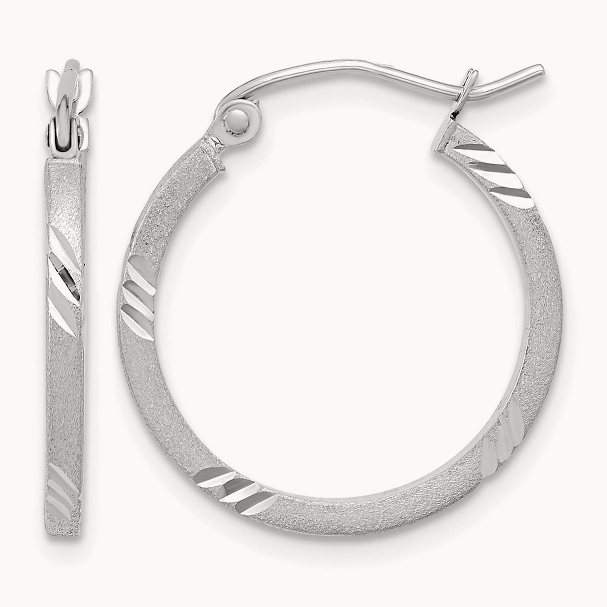 Satin Diamond-cut Square Tube Hoop Earrings — 14K White Gold, 20mm