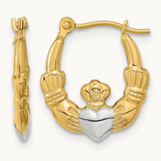 w/White Rhodium Polished Claddagh Hoops, 14K