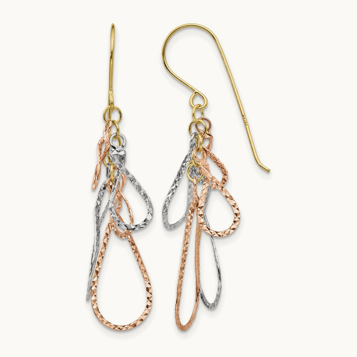 Tri-color Diamond Cut Tear Drop Dangle Earrings, 14K