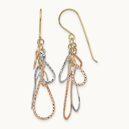 Tri-color Diamond Cut Tear Drop Dangle Earrings, 14K