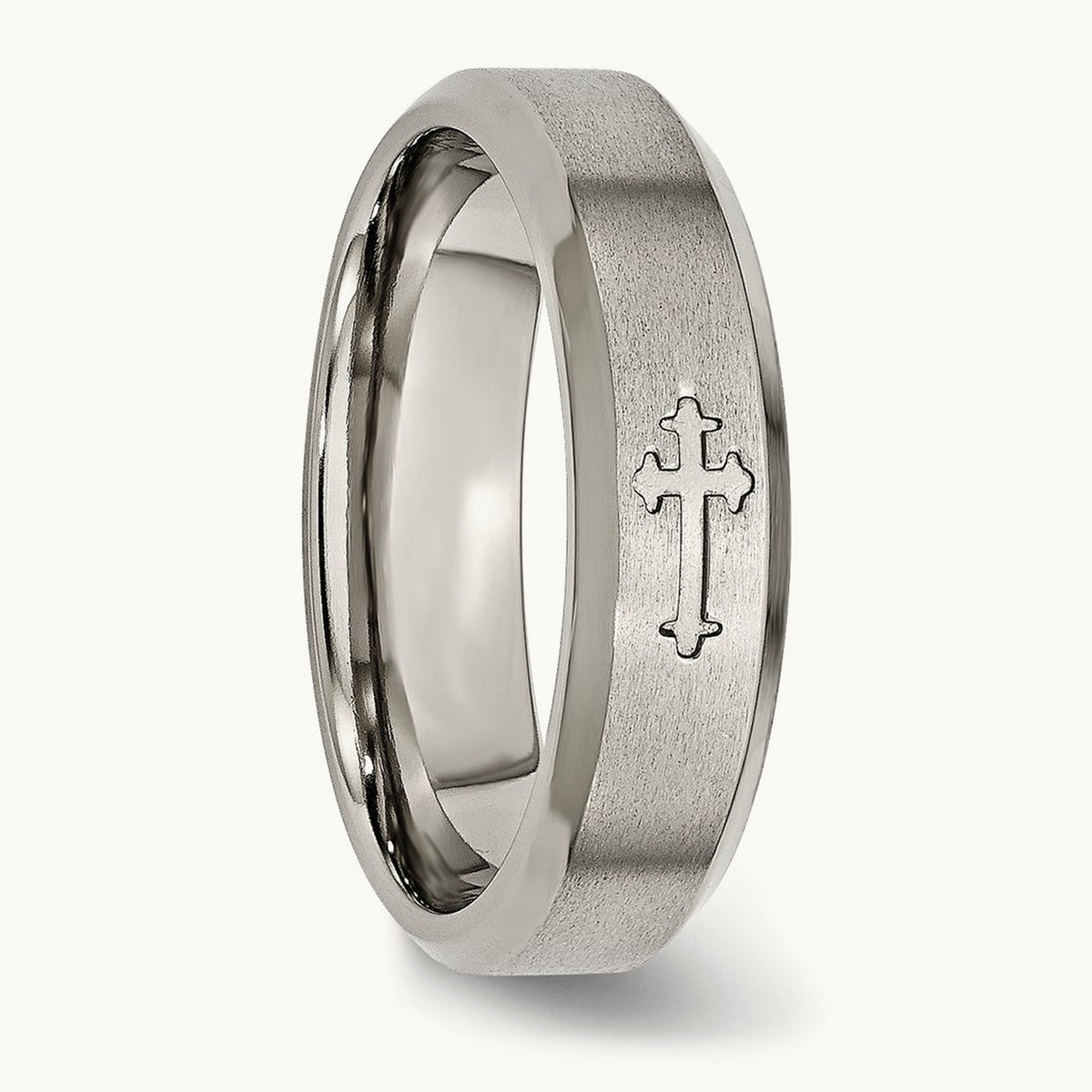 Brushed Center Cross Design Beveled Edge Band — 6mm