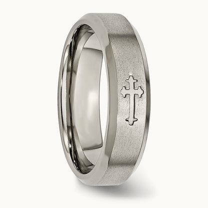 Brushed Center Cross Design Beveled Edge Band — 6mm