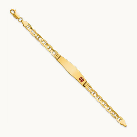 Medical Soft Diamond Shape Red Enamel Anchor Link ID Bracelet, 14K
