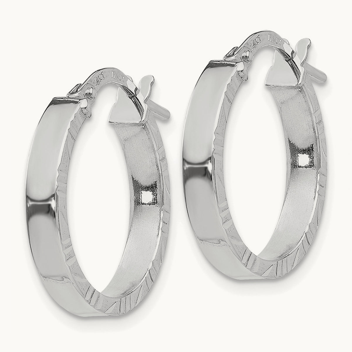 Small Diamond Cut Edge Polished Hoop Earrings — 14K White Gold