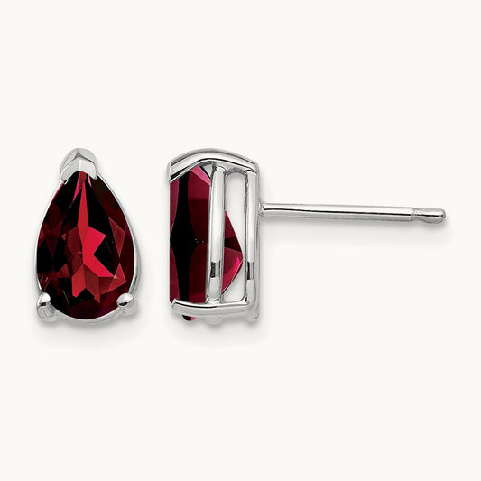 Garnet Pear Stud Earrings, 14K White Gold