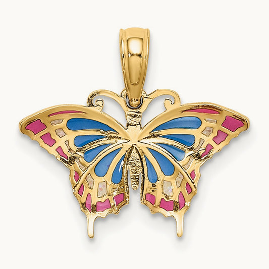 Small Enameled Blue and Red Butterfly Charm, 14K