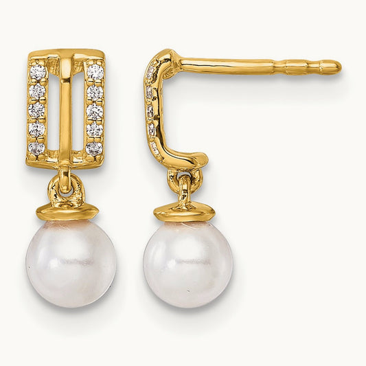 Polished Diamond and Pearl Dangle Post Earrings — photo set