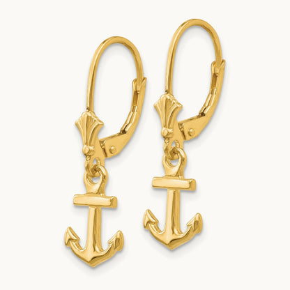 Mini Anchor Leverback Earrings, 14K