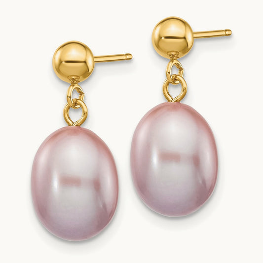 8- Purple Rice Freshwater Cultured Pearl Post Dangle Earrings, 9mm, 14K