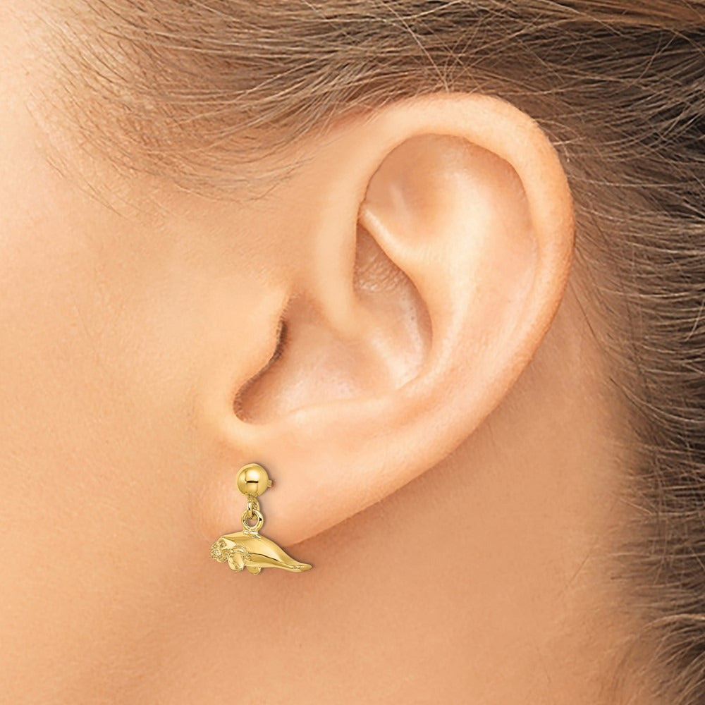 3-D Polished Mini Manatee Dangle Earrings — 14K Yellow Gold