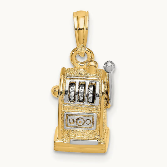Rhodium 3D Slot Machine w/Moveable Handle Charm, 14K