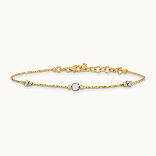 Polished Diamond-cut Beaded 7in w/1in ext. Bracelet, 14K Two-tone