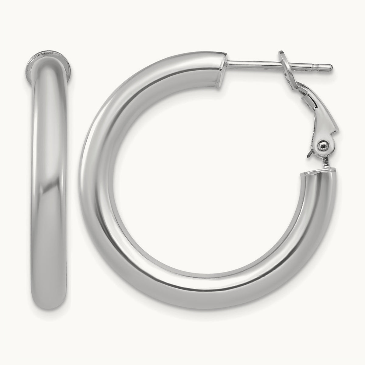 Polished Round Omega Back Hoop Earrings — 14K White Gold, 4x28mm