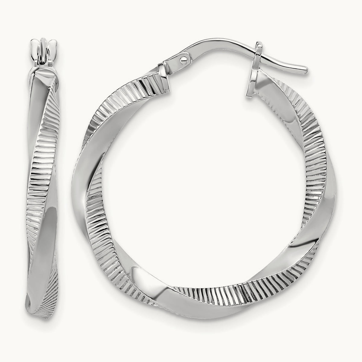 Rhodium-plated Twisted Textured Hoop Earrings — 27mm