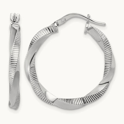 Rhodium-plated Twisted Textured Hoop Earrings — 27mm