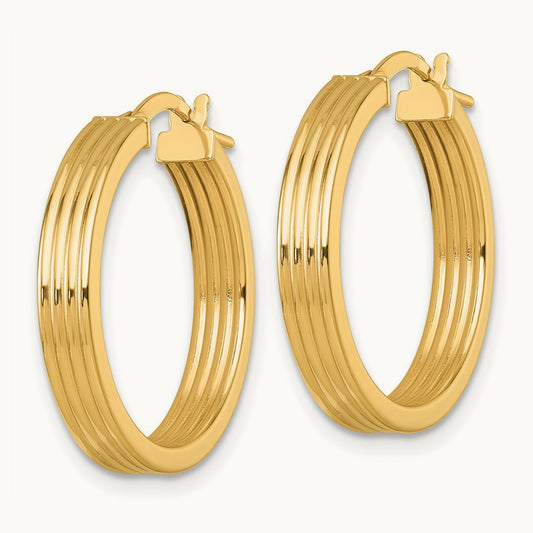 Polished Grooved Hoop Earrings — 14K Yellow Gold, 24mm