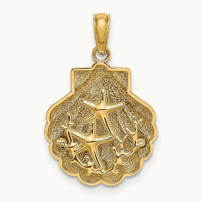 Reversible Starfish and Coral in Shell Charm, 14K