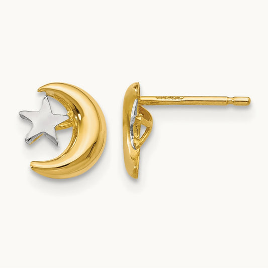 Polished & Rhodium Moon & Star Post Earrings, 14K