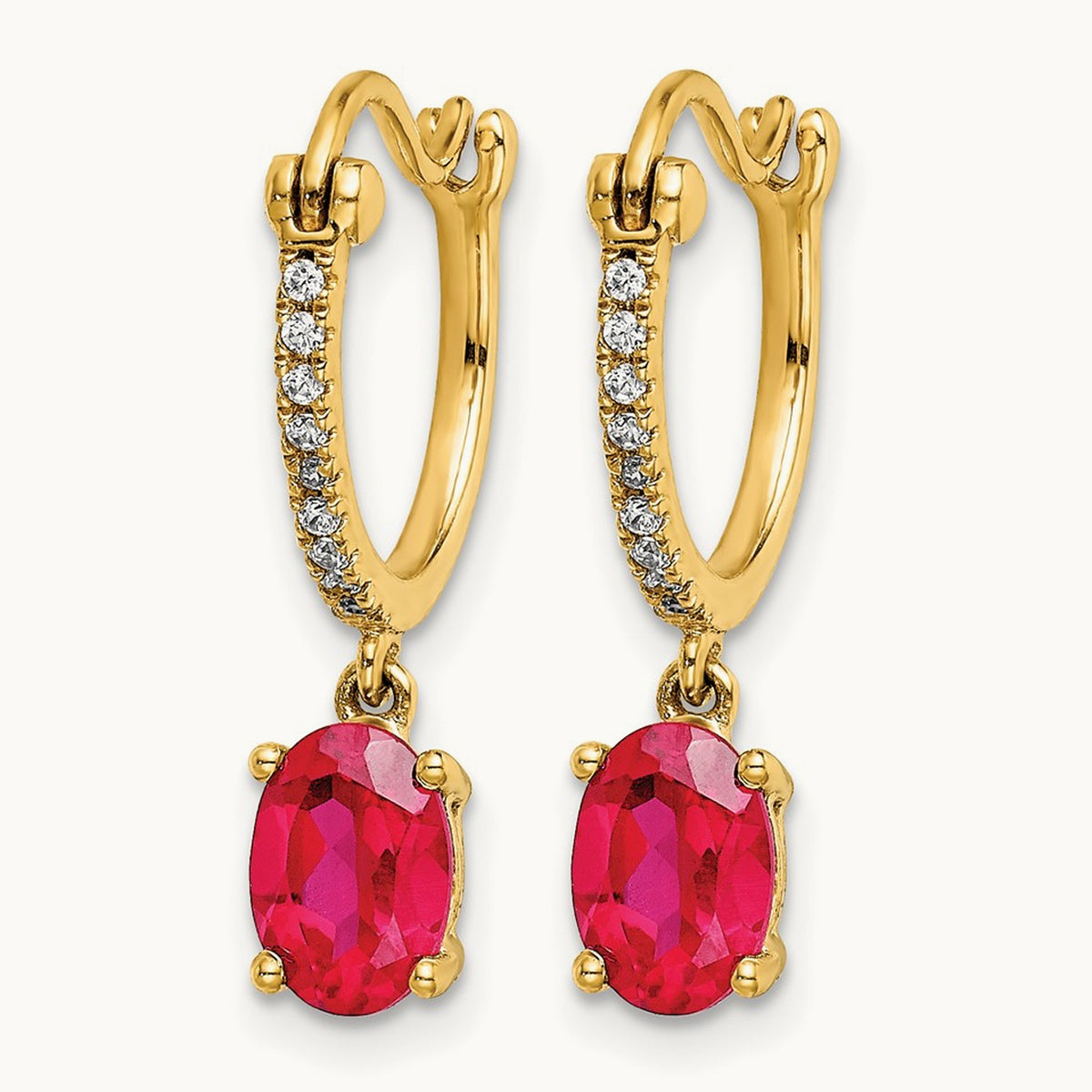 1/10ct Diamond and Ruby Dangle Hoop Earrings, 14K