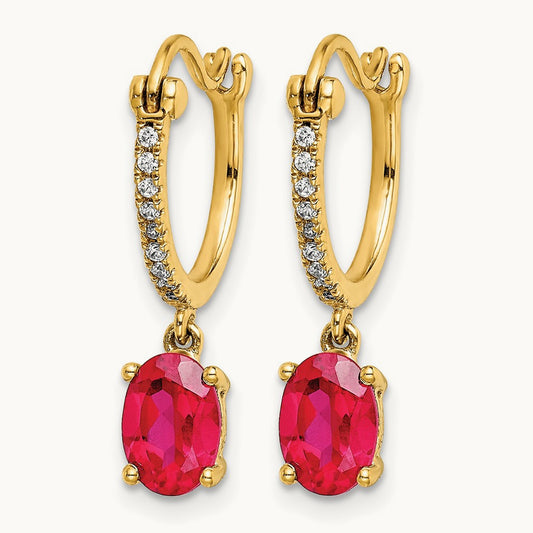 1/10ct Diamond and Ruby Dangle Hoop Earrings, 14K