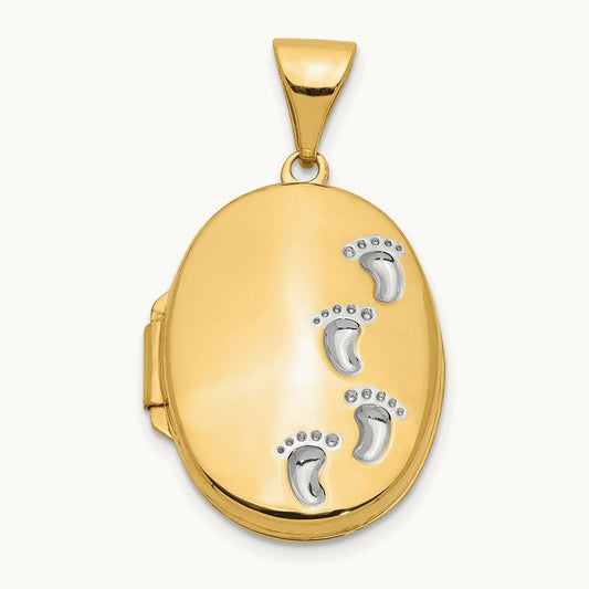 White Rhodium-plated Footprints Locket, 14K Yellow Gold