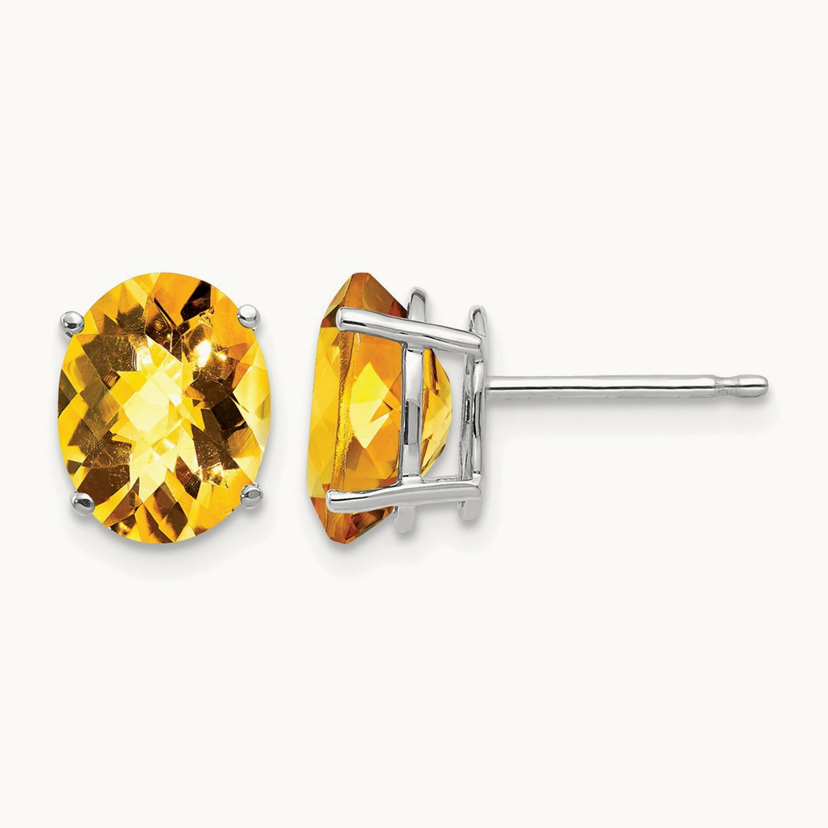 9x7mm Oval Citrine Checker Earrings, 14K White Gold