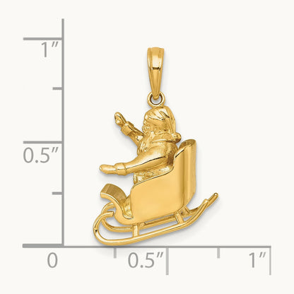 Polished 3-D Santa In Sleigh Waving Charm, 14K