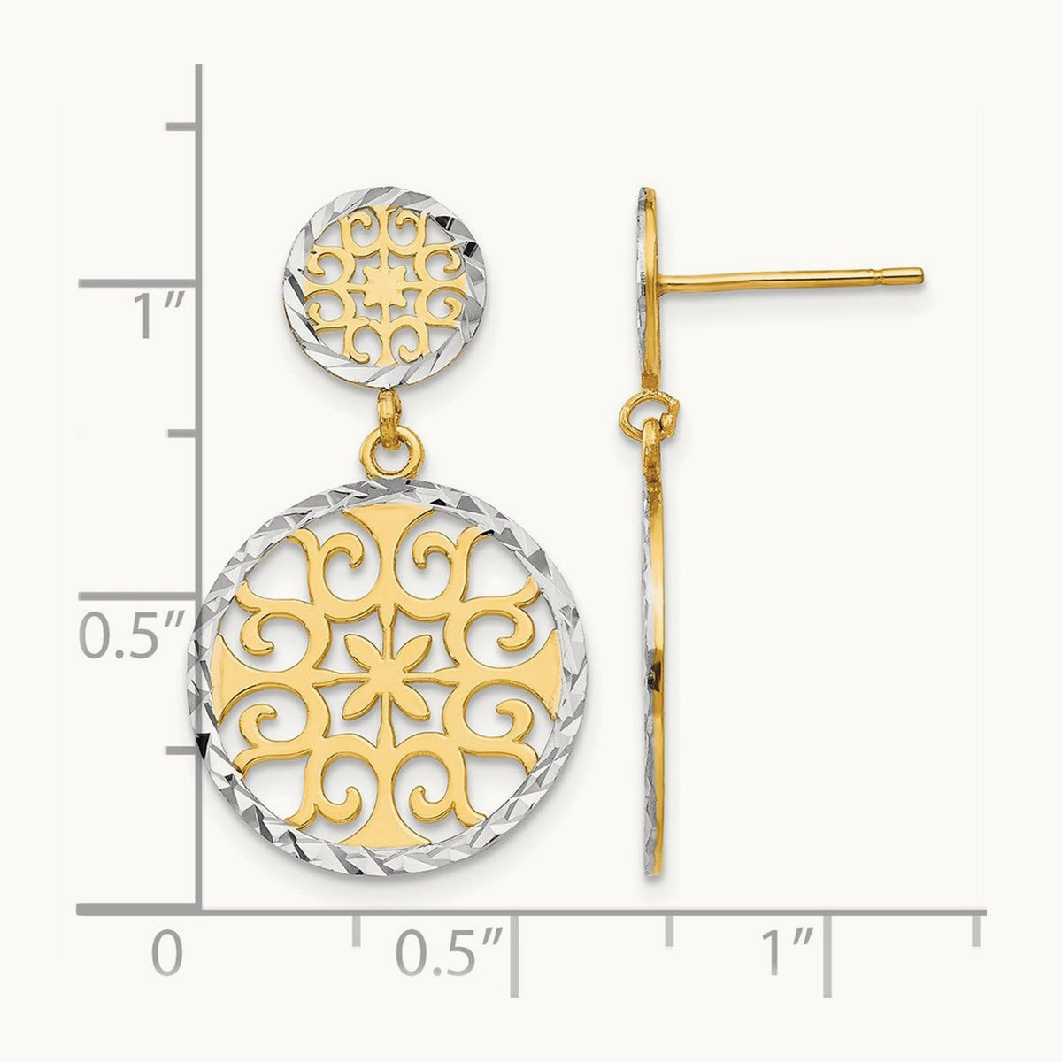 & Rhodium D/C Circles Dangle Post Earrings, 14K