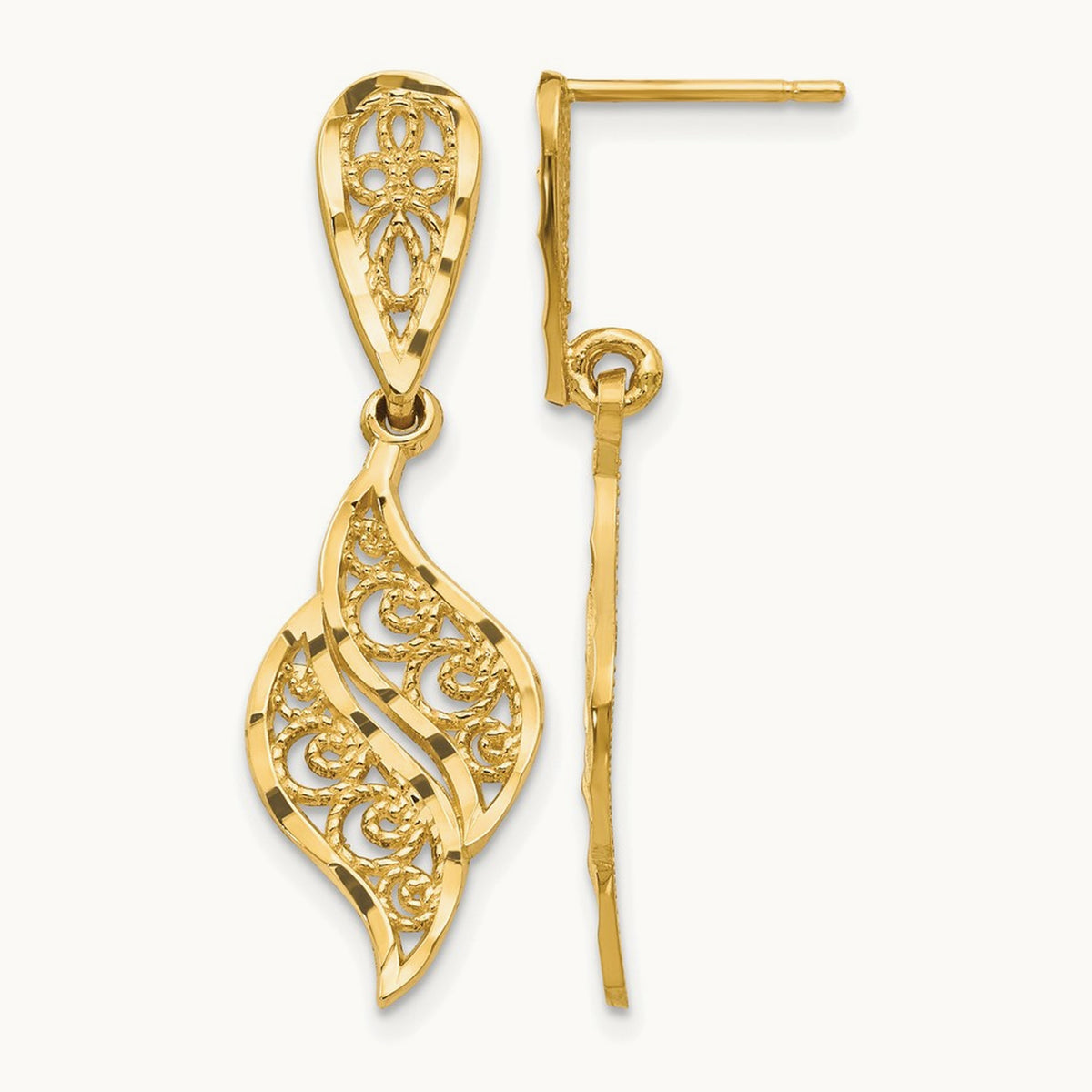 Polished & Diamond-Cut Filigree Swirl Dangle Post Earrings, 14K