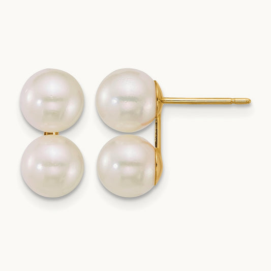 6- White Rnd Akoya Saltwater Cultured Double Pearl Earrings, 7mm, 14K