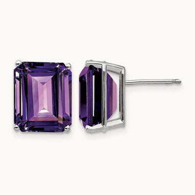 12x10mm Emerald Cut Amethyst Earrings, 14K White Gold