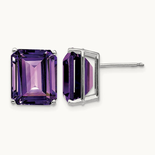 12x10mm Emerald Cut Amethyst Earrings, 14K White Gold