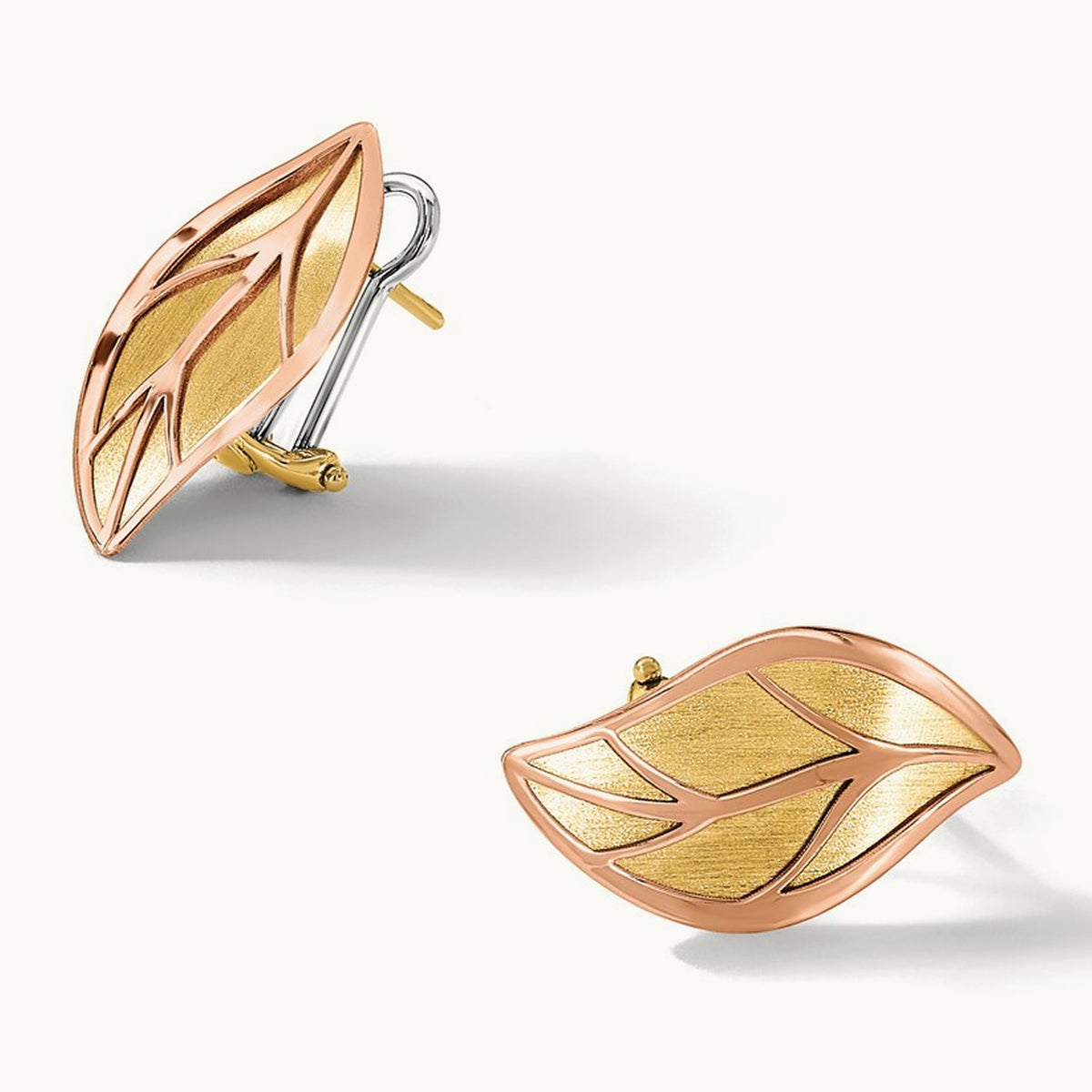 Polished / Brushed Leaf Omega Back Earrings, 14K Two-tone Rose with Yellow