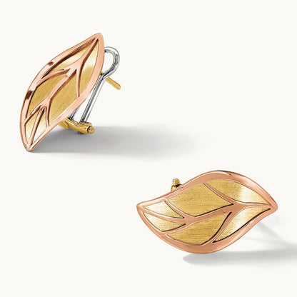 Polished / Brushed Leaf Omega Back Earrings, 14K Two-tone Rose with Yellow