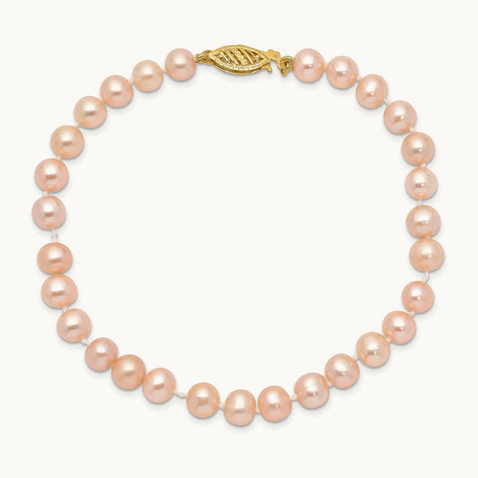 5- Pink Near Round Freshwater Cultured Pearl Bracelet, 6mm, 14K