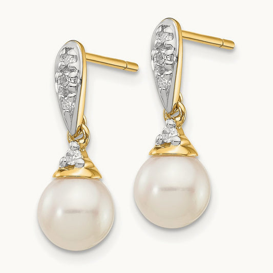 6- White Round FWC Pearl .08ct Diamond Dangle Earrings, 7mm, 14K