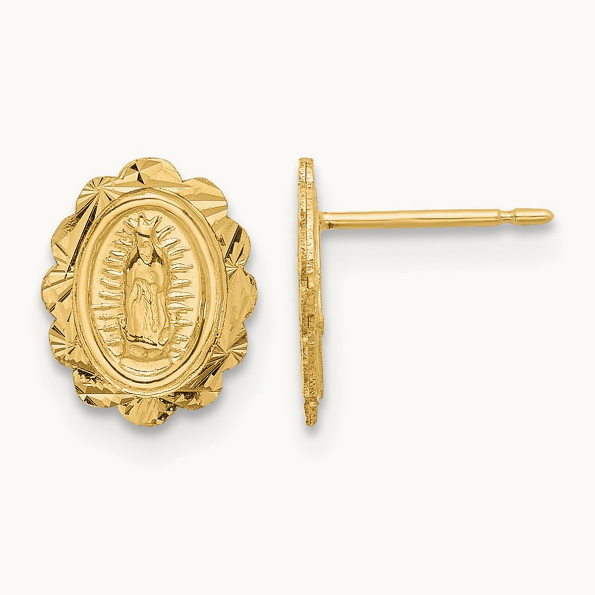 Diamond Cut Miraculous Medal Post Earrings, 14K