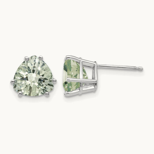 Trillion Checker-Cut Green Quartz Earrings, 8mm, 14K White Gold