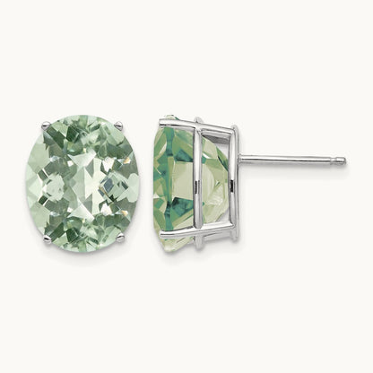 12x10 Oval Checker-Cut Green Quartz Earrings, 14K White Gold