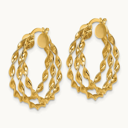 Polished Three Strand Twisted Hoop Earrings, 14K
