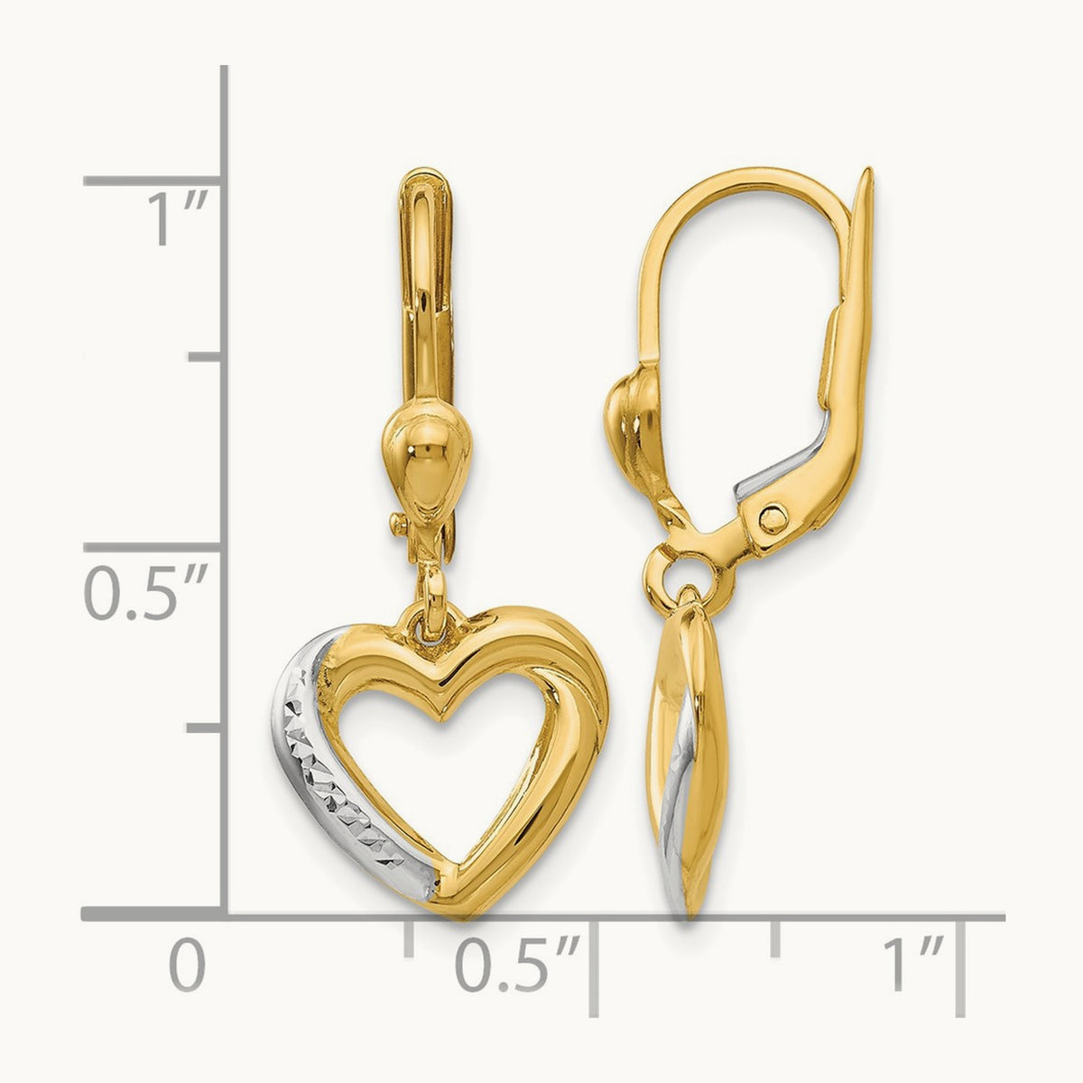 Textured and Polished Heart Leverback Earring, 14K with Rhodium