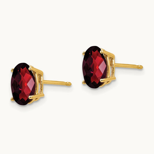 8x6mm Oval Garnet Checker Earrings, 14K
