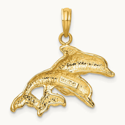 2-D Polished and Textured Double Dolphins Charm, 14K