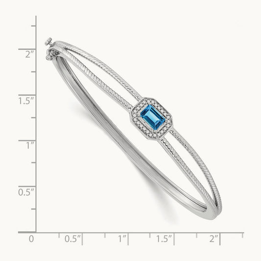 Emerald-shape Blue Topaz and Diamond Halo Bangle, 14K White Gold
