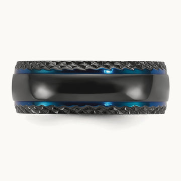 Black Zirconium Polished Blue IP-plated w/ Textured Edge Band, 8mm