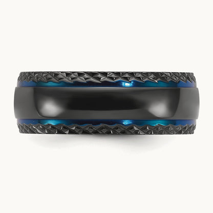 Black Zirconium Polished Blue IP-plated w/ Textured Edge Band, 8mm