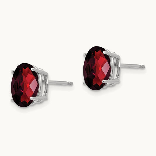 9x7mm Oval Garnet Checker Earrings, 14K White Gold
