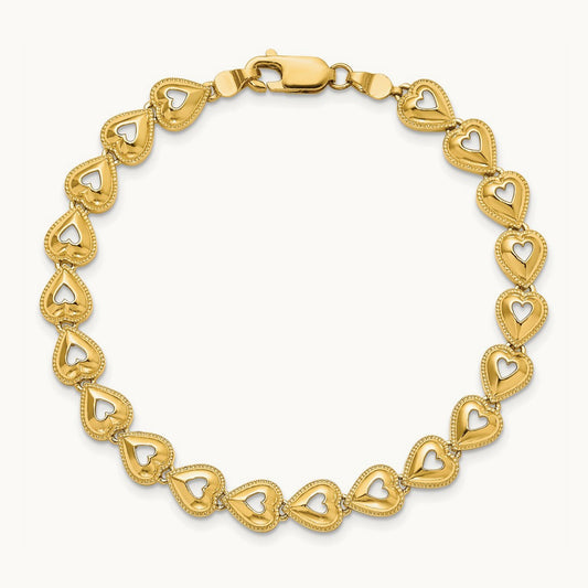 Polished Beaded Hearts Bracelet, 14K