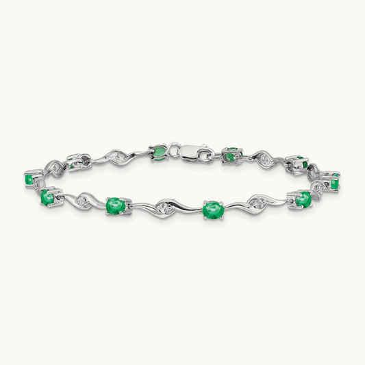 White Sapphire and Emerald Gemstone Bracelet, 14K White Gold
